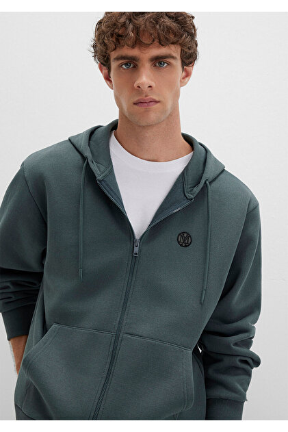 Mavi Mühür Logo Nakışlı Kapüşonlu Fermuarlı Yeşil Sweatshirt
