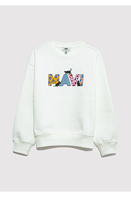 Mavi Logo Kedi Baskılı Ekru Sweatshirt 7S10169-70057 - Fiyatı