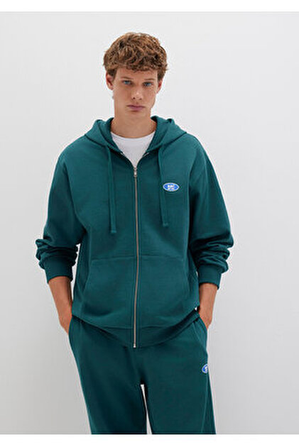 Mavi Mühür Logo Nakışlı Kapüşonlu Fermuarlı Yeşil Sweatshirt