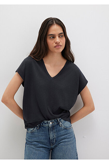 Mavi V Yaka Siyah Basic Tişört Regular Fit / Normal Kesim 1612380