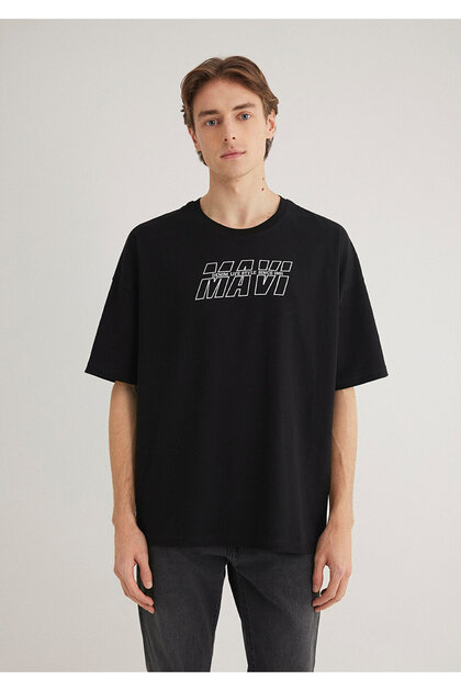 Mavi Baskılı Siyah Tişört Oversize / Geniş Kesim 0611827-900