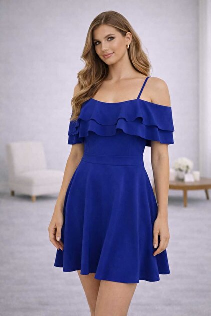 Cuyka Women's Off-Shoulder Ruffled Scuba Crepe Dress- Trendyol
