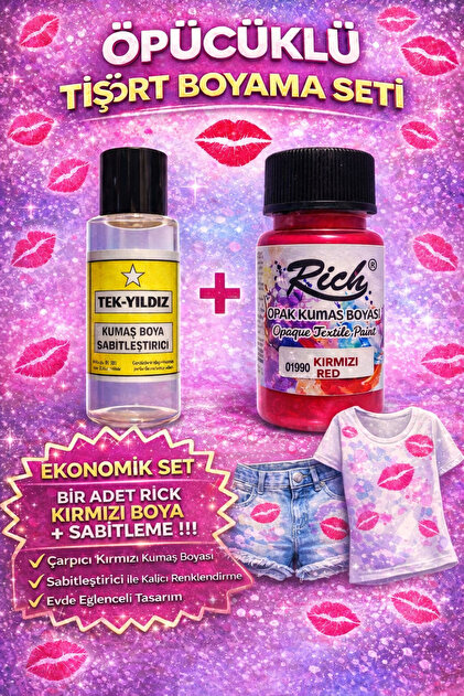 1 adet rich kırmızı kumaş boyası + tek yıldız sabitleme ( öpücüklü T-Shirt özel boyama seti )