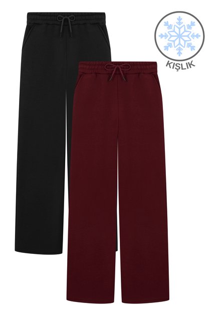 Sorane Women's Black and Burgundy Two-Piece Winter Wide-Leg Sweatpants
