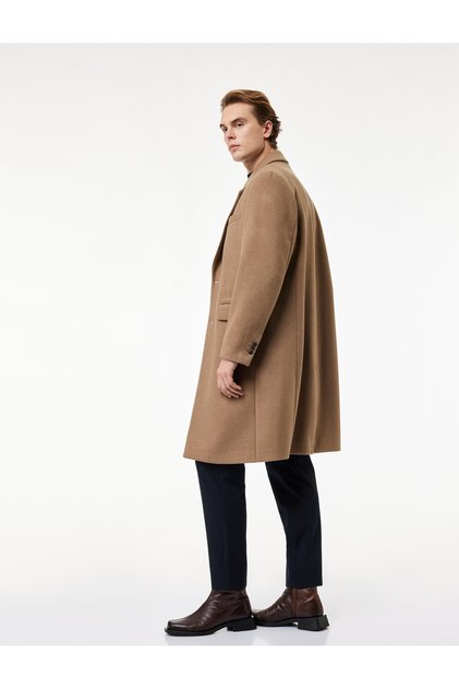 Regular Fit Pocketed Mono Collar Buttoned Long Cashmere Coat