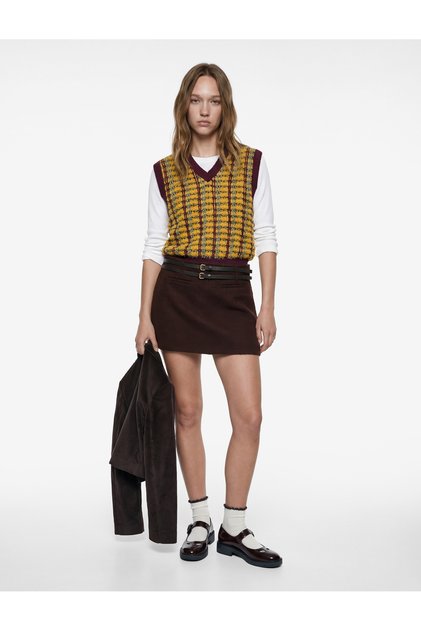 Slim Fit Viscose Blended Mini Skirt with Belt Detail