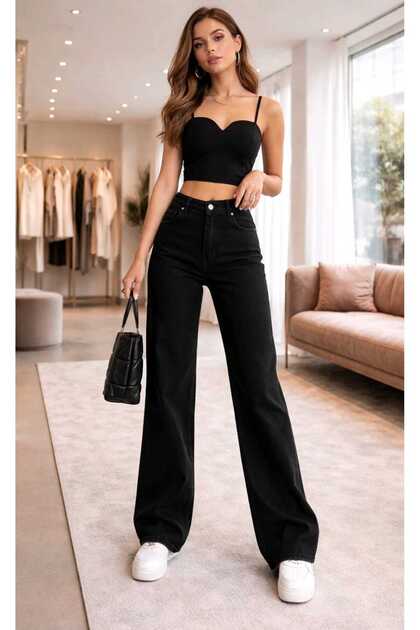 Meex Siyah Süper Yüksek Bel 90's Power Likralı Solmaz Jeans Palazzo Pantolon