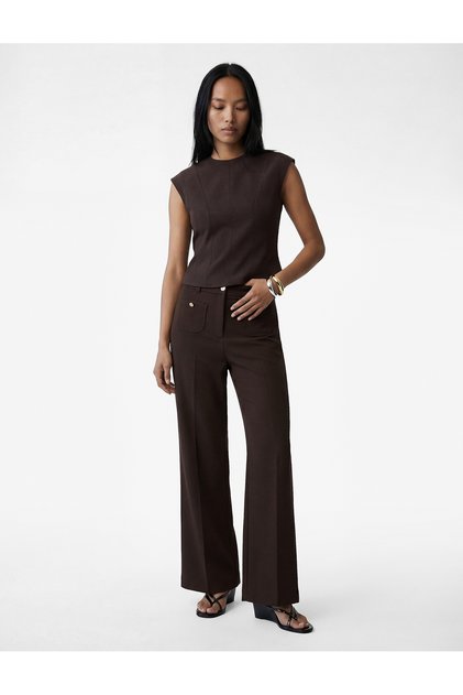 High Waist Wide Leg Pants with Applique Pocket Detail