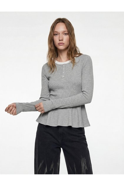 Slim Fit Flounce Crew Neck Piped Button Long Sleeve T-Shirt