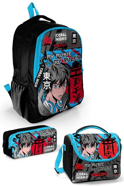 Kids Black and Blue Anime Patterned 3-Piece School Bag Set SET0123666