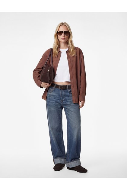 Viscose Long Sleeve Classic Collar Buttoned Striped Oversized Shirt