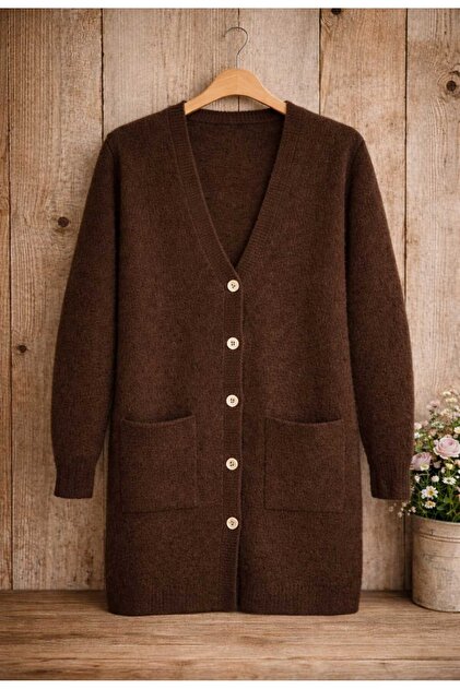 Women's Double-Pocketed, Fuzzy Cardigan with a Beard Design -0370