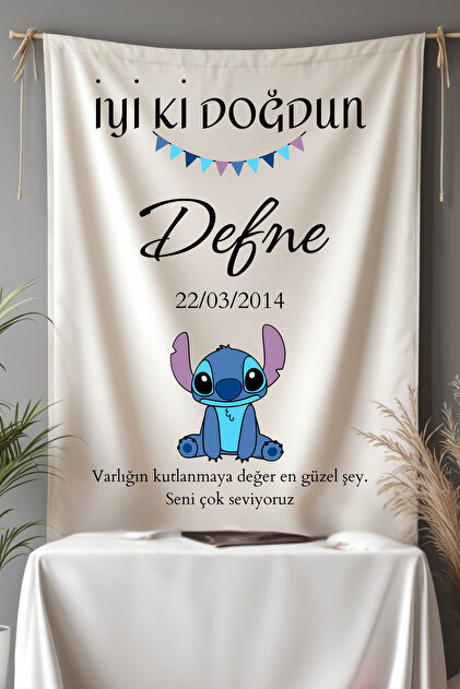 Stitch Temalı isimli Doğum Günü Flama Afiş Duvar Örtüsü Büyük Boy
