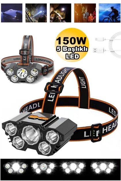150w Ultra Güçlü Led Şarjlı 5 Led Kafa Feneri Avcı Feneri Balıkçı Kamp Feneri 5başlık Fju Kafa