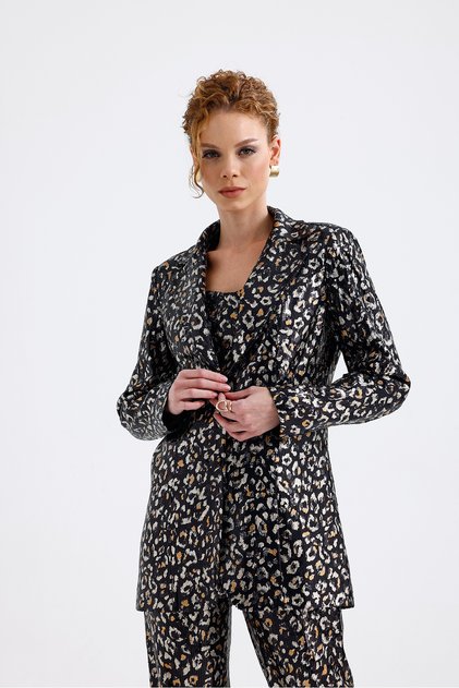 İci Astarlı Desenli Abiye Pul payet Ceket | CKT34264 Siyah Gold Leopar
