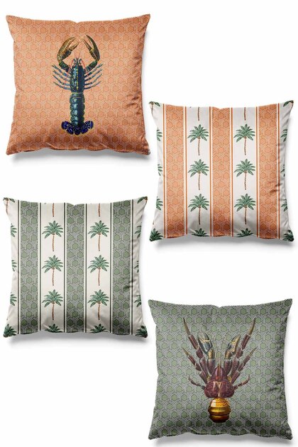 Double-Sided Printed Lobster Patterned Set of 4 Suede Throw Pillow Covers