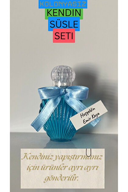(40 ADET) Süslü İstiridye Boş Kolonya Şişesi Mika Plastik 40ml (Mavi Kurdele-Etiket-Tıpa-Kapak)