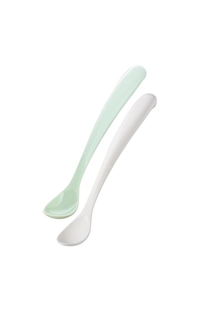 Ergonomic Feeding Spoon Set Powder Green & White, 6 Months+ Double - Storage Container Gift