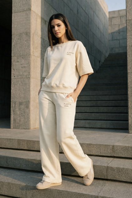 White Oversize Embossed Print Women's Tracksuit Bottom and Top Set