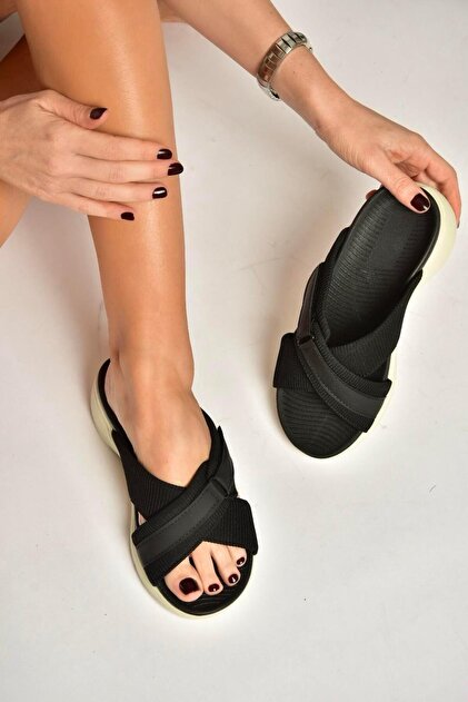 靴 THEREDTHREAD script chunky slides 38 Fox Shoes Y973935004 Siyah Kumaş Kalın Tabanlı Kadın Terlik