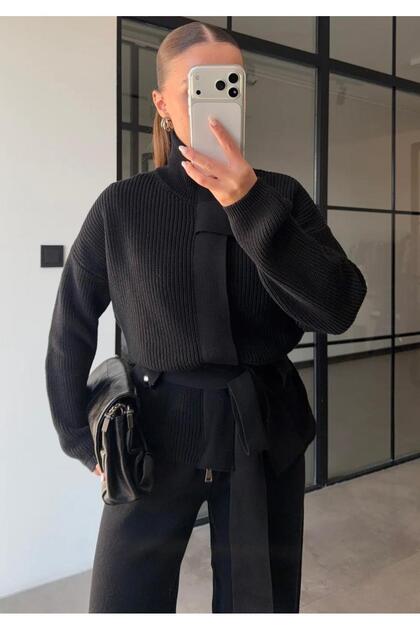 Pantaloni cardigan tip pescar cu centură pentru femei, set din două piese și pantaloni largi