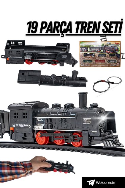19 Parça Işıklı Pilli Klasik Tren Seti 102 Cm 3 Binek Tren 1 Yük Treni Modeli Pilli Retro Tren