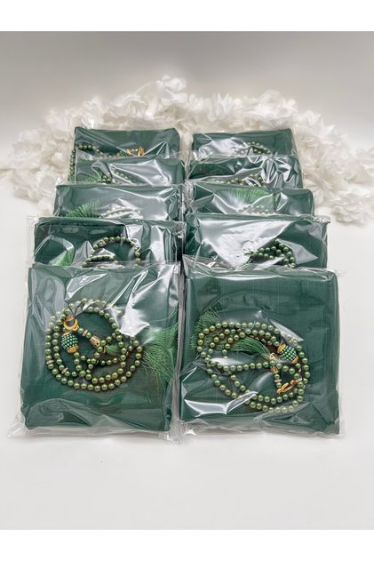 10 Pieces Green Flared Scarf and Prayer Beads Set Hajj Umrah Mawlid Gift