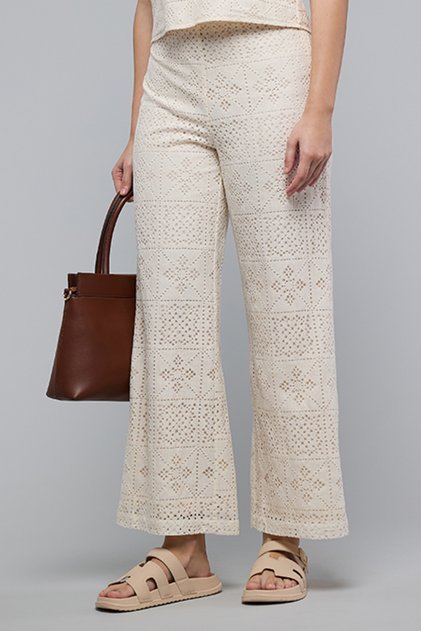 Schiffli Wide Leg Trousers with Elastic Waist