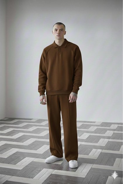 Men's Brown Raglan Sleeve Roberto Buttoned Sweat Wide Leg Sweatpants Set