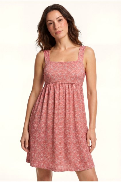 Women's Square Neck Short Sleeve Patterned Red Crinkle Dress Raquel