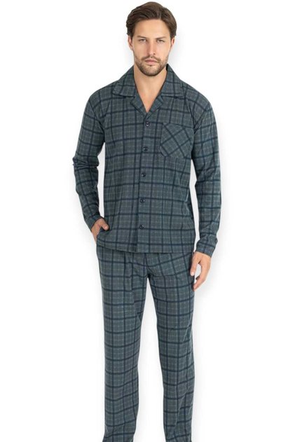 Front Buttoned Long Sleeve Thermal Pajama Set Checkered