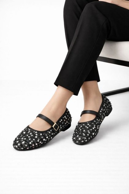 Women's Black-Silver Buckle Sequined Ballerinas 1cm Byndpul01