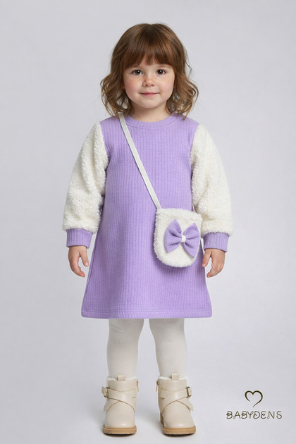 Stylish and Comfortable Baby Girl Dress with Bag Soft Plush Sleeves Children's Combination Autumn-Winter Lilac