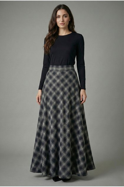 Manua Women's Plaid Pattern Flared A-Line Skirt & Hijab Skirt - Khaki