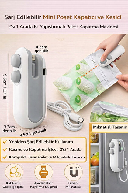 Hane Dostu Şarj Edilebilir Mini Poşet Kapatıcı ve Kesici – 2'si 1