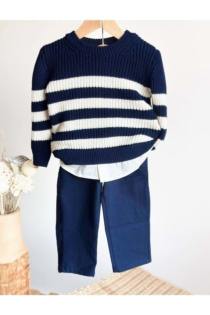 Boy's Navy Blue Color Knitwear Sweater Pants Top and Bottom Set