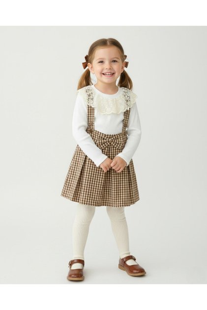 Girls' Plaid Salopet Dress Set – Long-Sleeved Blouse with Lace, Suspender Skirt Combination (Ages 2-9)