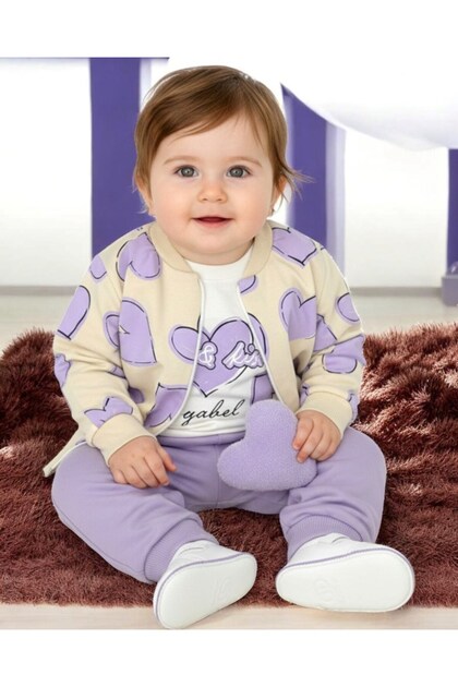 Baby Girl Seasonal 3-Piece Set – Heart Printed Jacket, Long Sleeve Badi and Bottom – 6-24 Months