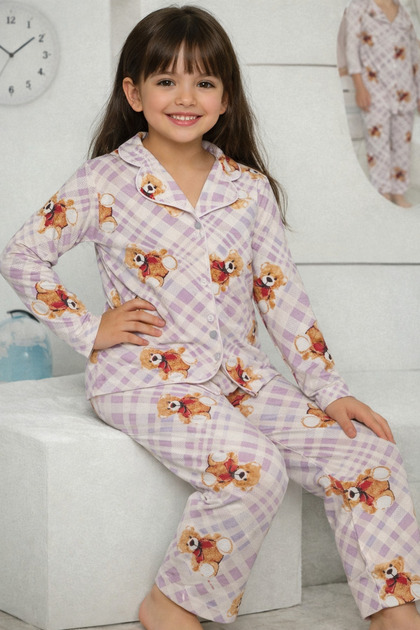 Girl's Front Buttoned Teddy Bear Shirt Model Pajama Set