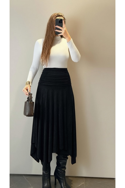 Black Gathered Belted Skirt - 3366
