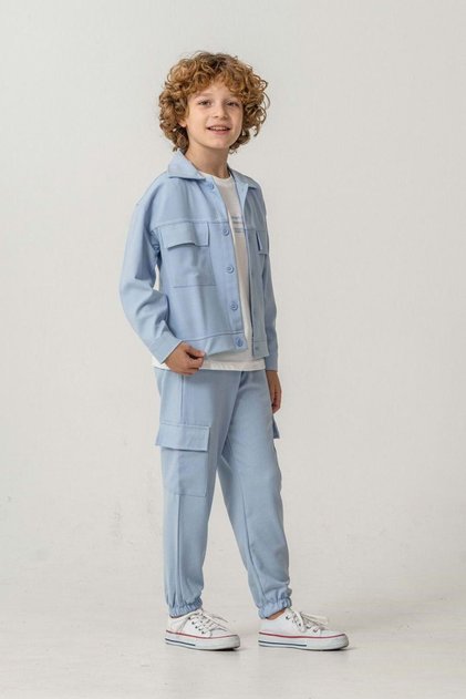 Boys' Blue Color Woven 3-Piece Pants and Jacket Set with Cargo Pockets - 9-10 Years