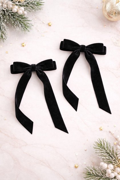Girl's Black Velvet Bow Clip Buckle – Set of 2