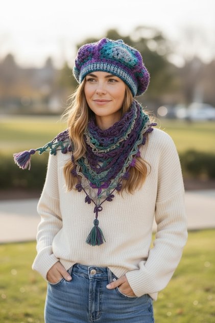 Knitted Motif Bohemian Batik Painter's Beret & Neck Collar Shawl Set