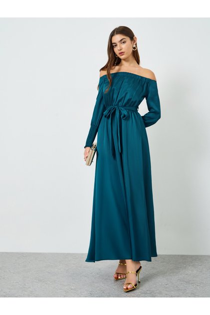 Women Off Shoulder Maxi Dress with Tie Belt