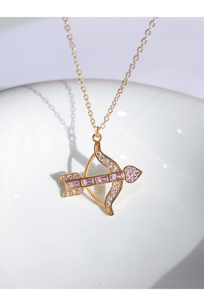 Zircon Stone Pink Eros Arrow / Love Arrow Gold Color Necklace