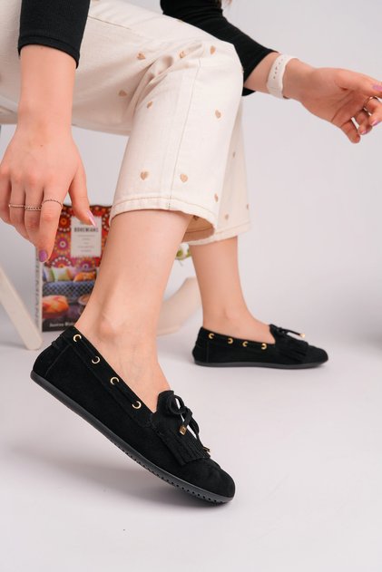 Women's Black Tassel Detailed Suede Loafer Casual Ballet Shoes