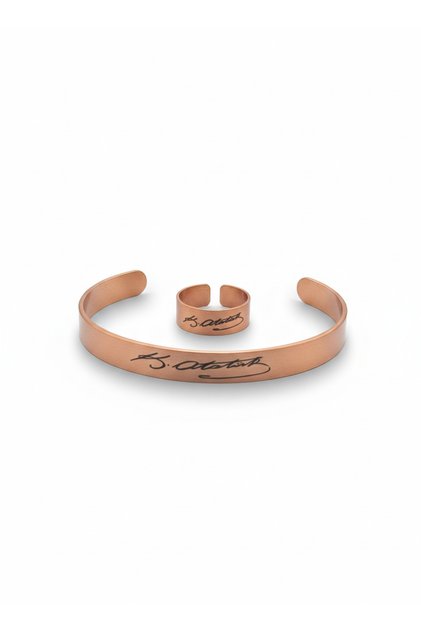 Ataturk Signed Pure Copper Bracelet and Ring Set