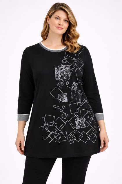 Women's Plus Size Black, Stone Embellished, Ribbed Detail at Collar and Sleeves Tunic 65N39378
