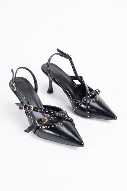 Women's Stiletto Pointed Toe Open Back Studded Detailed Heeled Shoes Mary Black