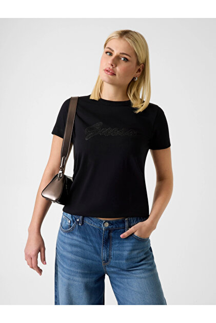 Guess Kısa Kollu Bisiklet Yaka 3D Yazılı Kadın Siyah T-shirt
